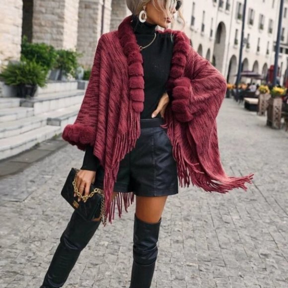Faux Fur & Tassel Detailed Open Front Shawl Knit Sweater Cardigan Burgundy - Picture 2 of 7